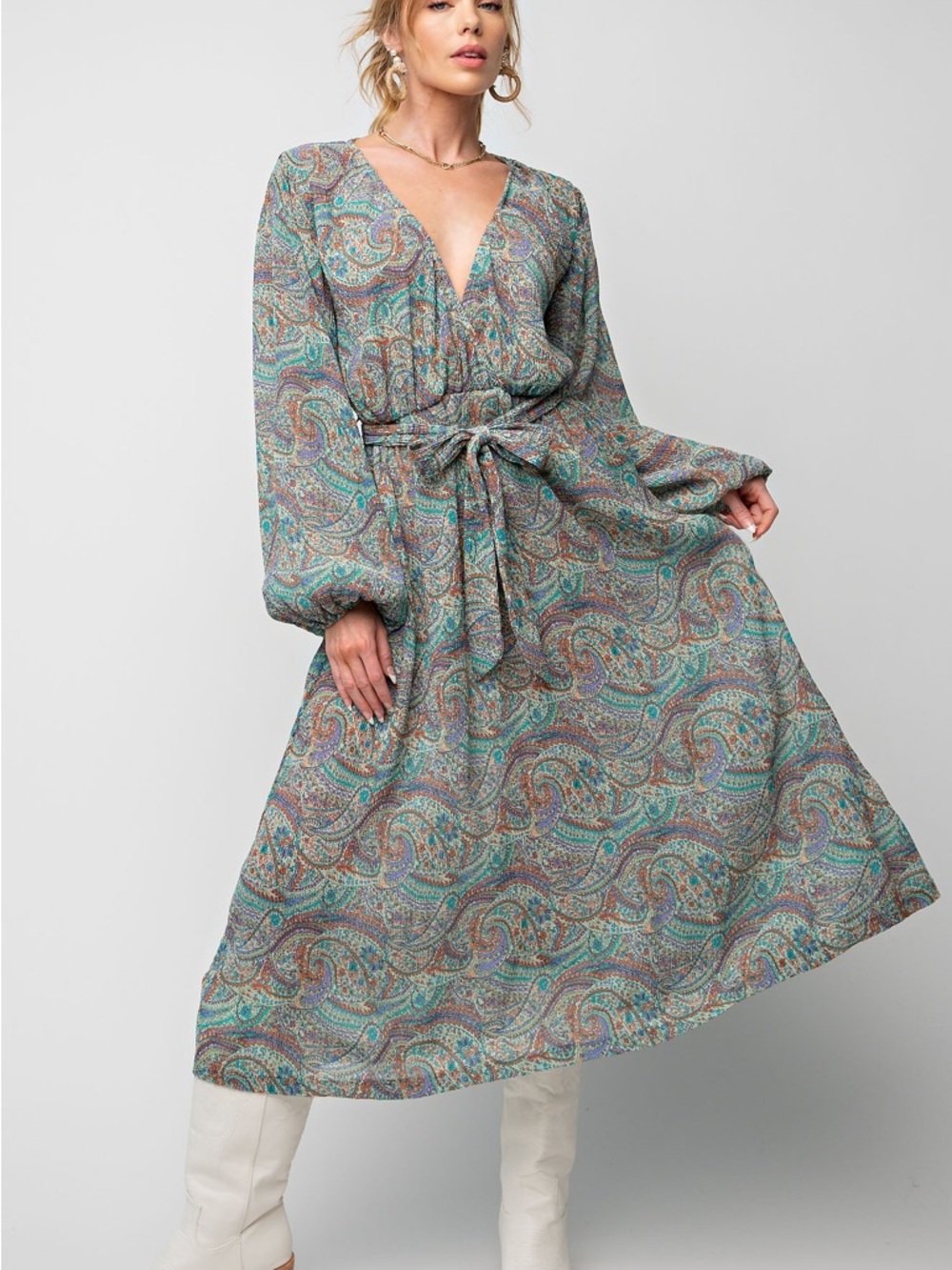 easel Paisley V-Neck Tie-Waist Midi Dress in Teal & Taupe